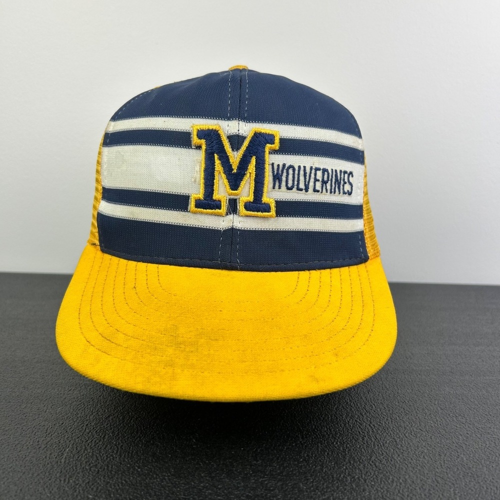 Vintage 80s Michigan Wolverines Trucker Hat Cap Snap Back Adjustable Blue Yellow